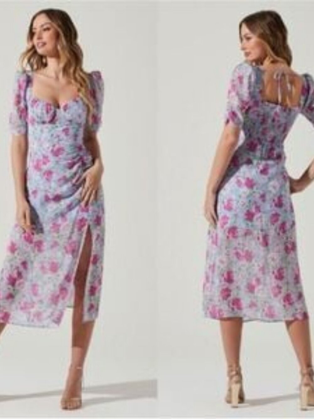 New ASTR The Label Bustier Floral Chiffon Midi Dress Blue Multi M - Picture 3 of 10